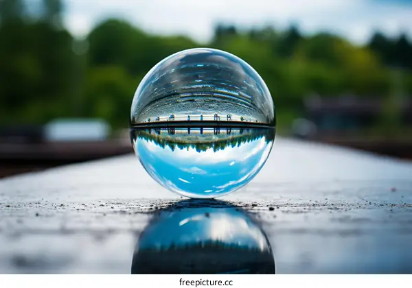 Crystal ball on a wooden surface reflecting a bridge and trees