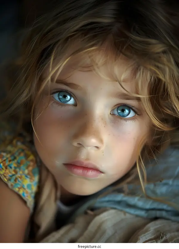 Portrait of a young girl with blue eyes and freckles