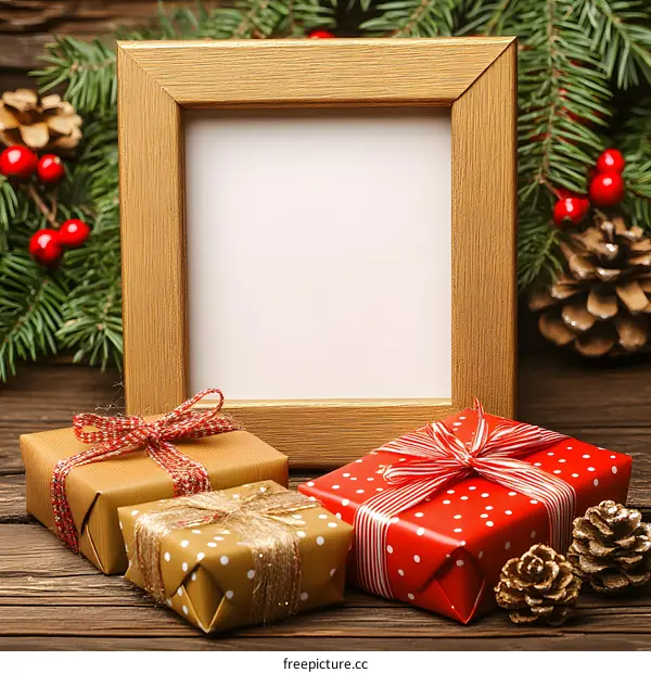 Christmas Decoration With Gold Picture Frame And Gift Boxes