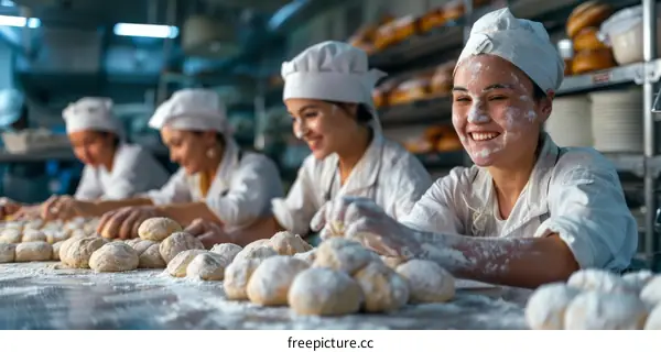 Four bakers kneading dough in a bakery