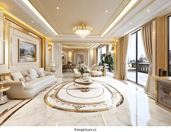 Luxury Living Room Interior Design with Marble Flooring and Gold Accents