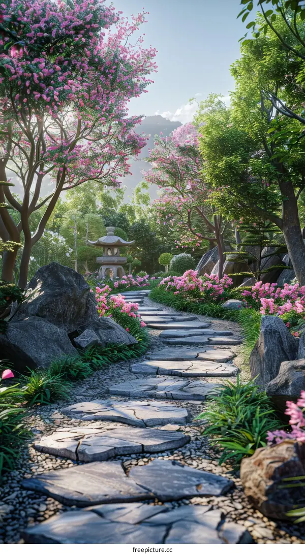 Springtime Pathway in a Serene Japanese Garden