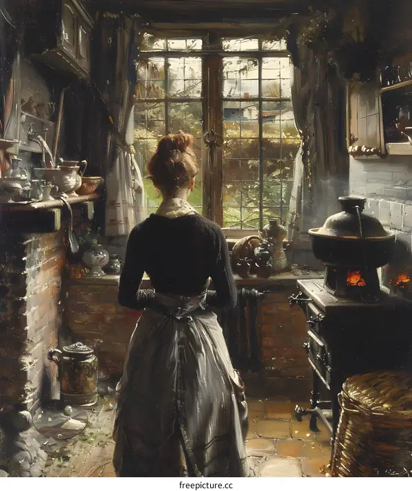 A woman is standing in the kitchen looking out the window