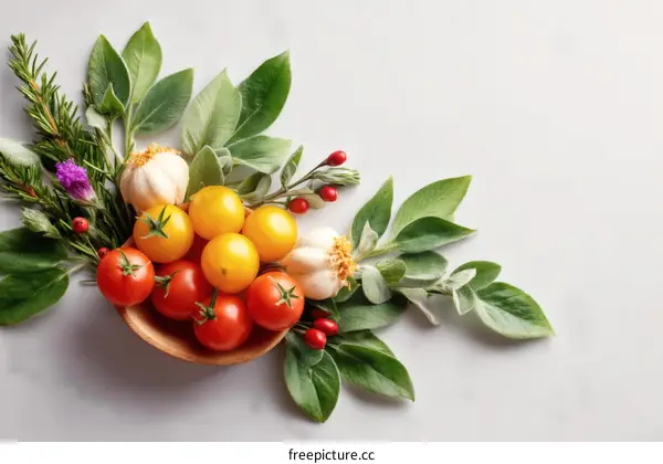 Fresh Colorful Tomatoes and Herbs Arrangement