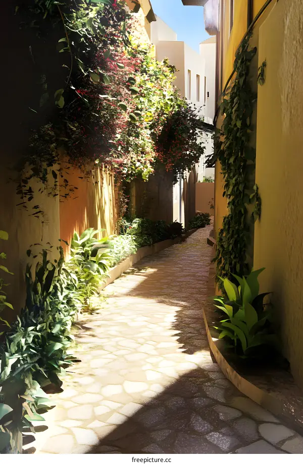 Cobblestone Path Through a Lush Garden with Sunlight Streaming Through the Trees