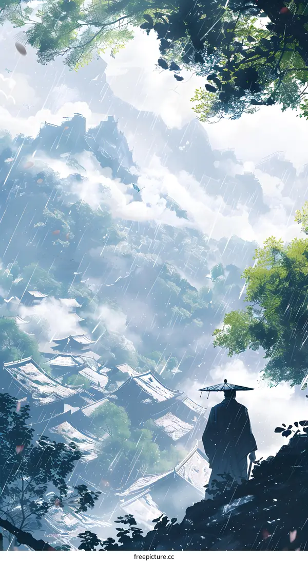 Rainy Mountain Village in China with a Man Standing on a Cliff