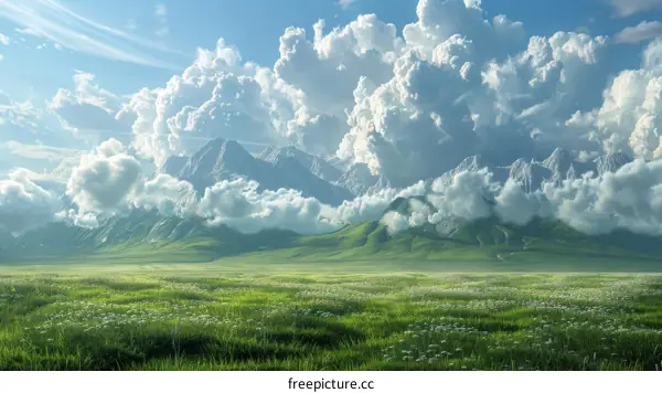 Green Grassy Field with White Clouds and Mountain Ranges in the Distance
