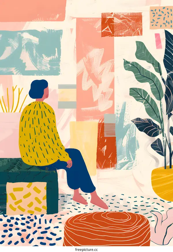 Woman Sitting In An Abstract Art Living Room