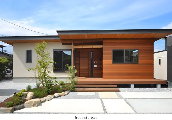 Modern Japanese House with Wooden Facade and Stone Garden