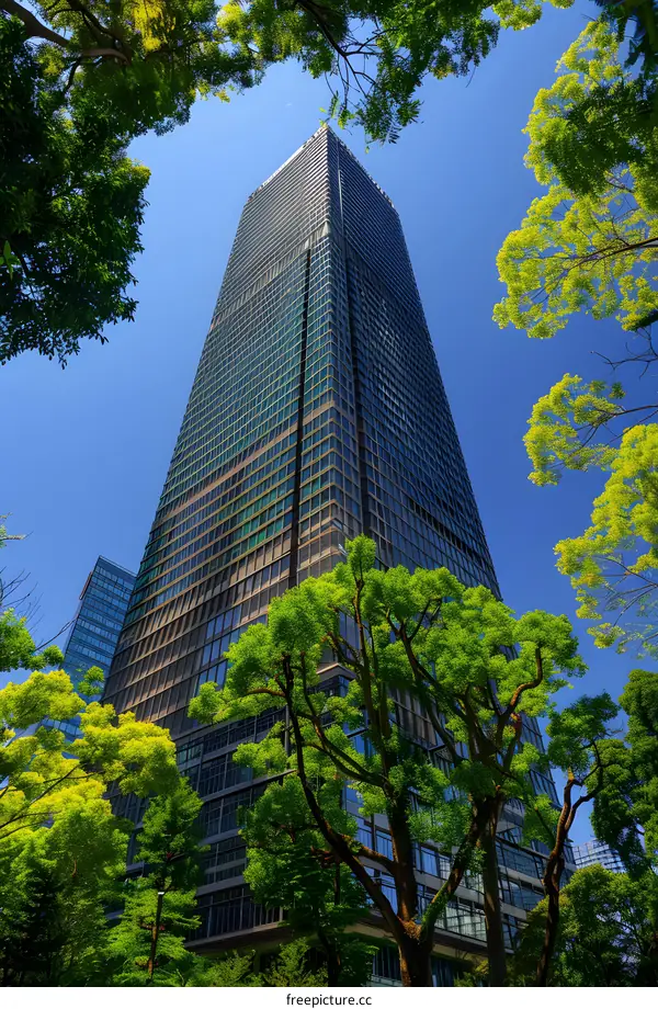 A skyscraper surrounded by lush green trees