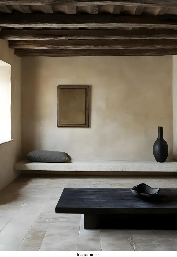 Minimalist Interior Design with Exposed Wooden Beams and a Black Coffee Table