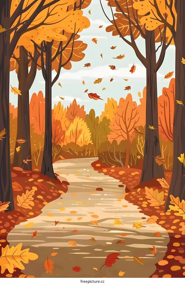 Autumn Forest Path With Falling Leaves