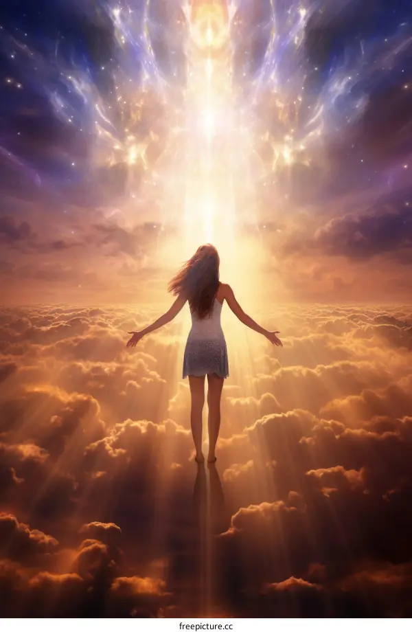 girl standing on clouds with arms outstretched in front of a setting sun