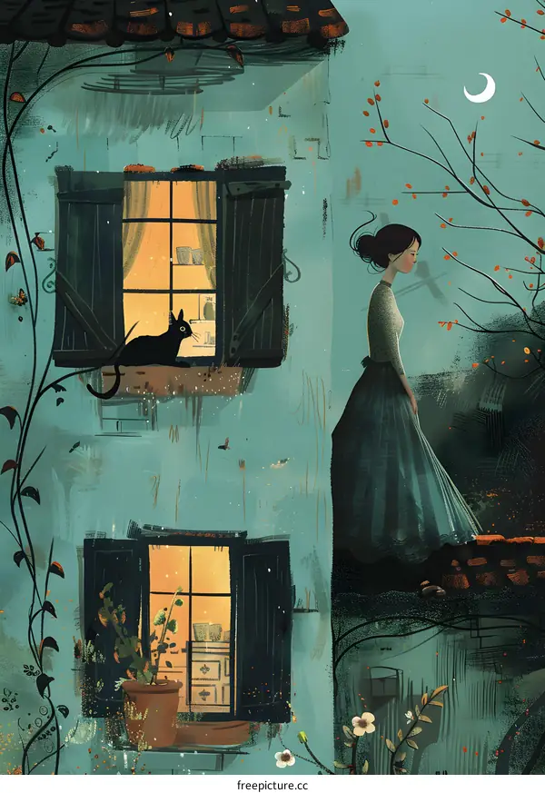 girl in blue dress looking at black cat on windowsill