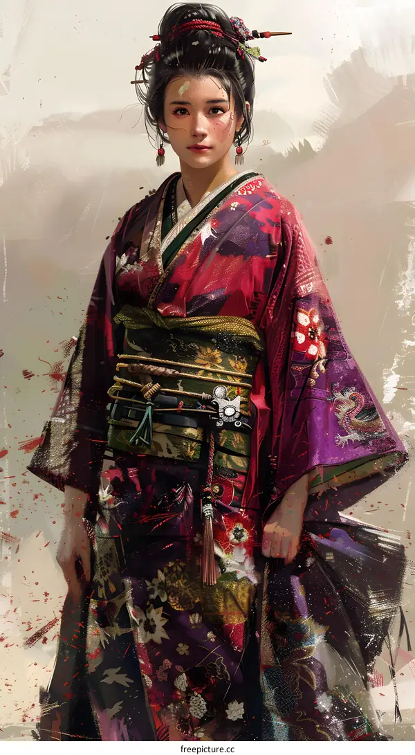 Japanese Woman in Traditional Kimono with Flowers and Birds