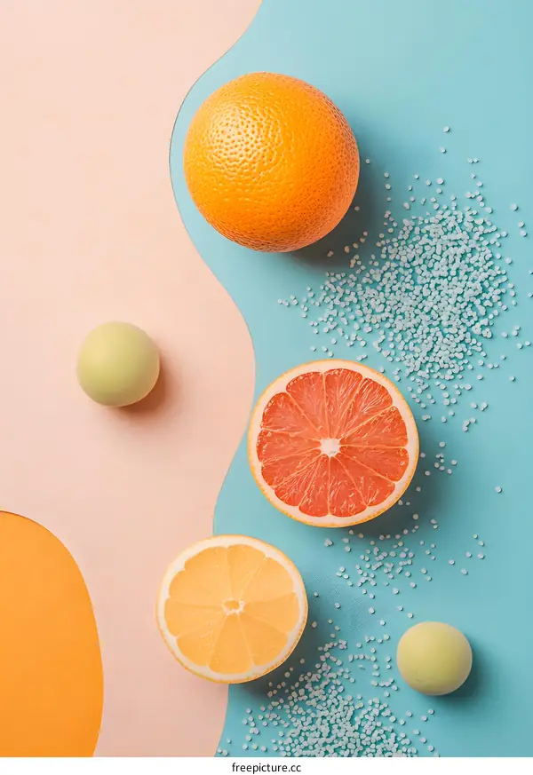 Fresh Citrus Fruits with White Sugar on Blue and Pink Background