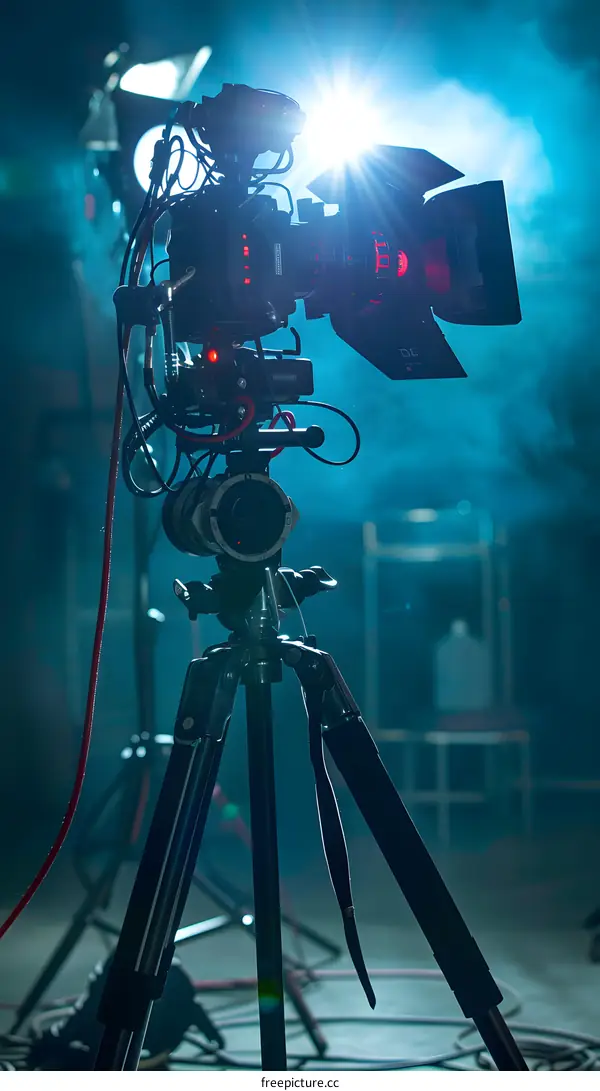 Professional Video Camera on Tripod with Lights in Studio