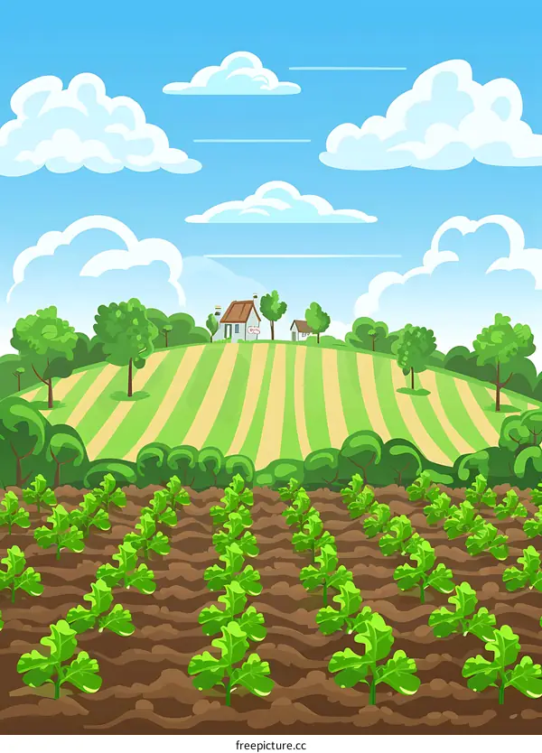 Cartoon Illustration Of Green Field Landscape With Farm