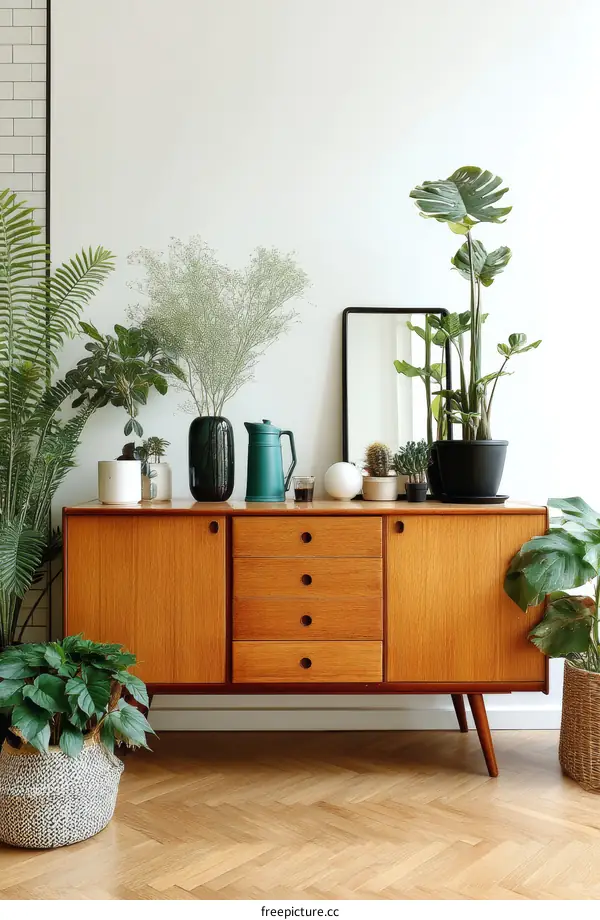 Modern Scandinavian Style Living Room with Plants and Vintage Cabinet