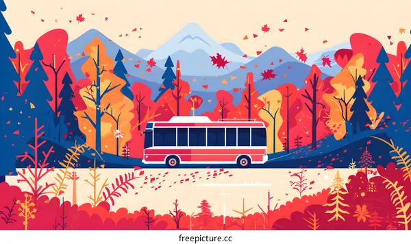 Autumn Forest Landscape With Bus And Mountains