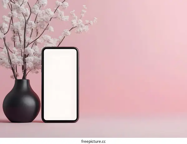 White Flowers and Phone Mockup on Pink Background
