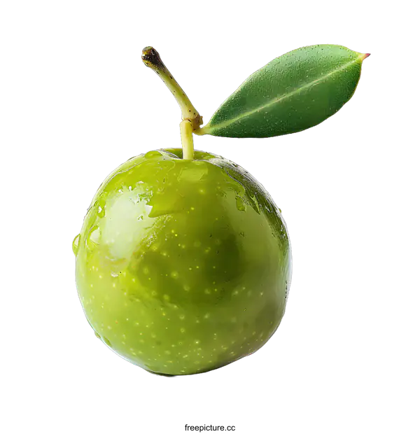 [Transparent Background PNG]Green olive with leaf and water drops
