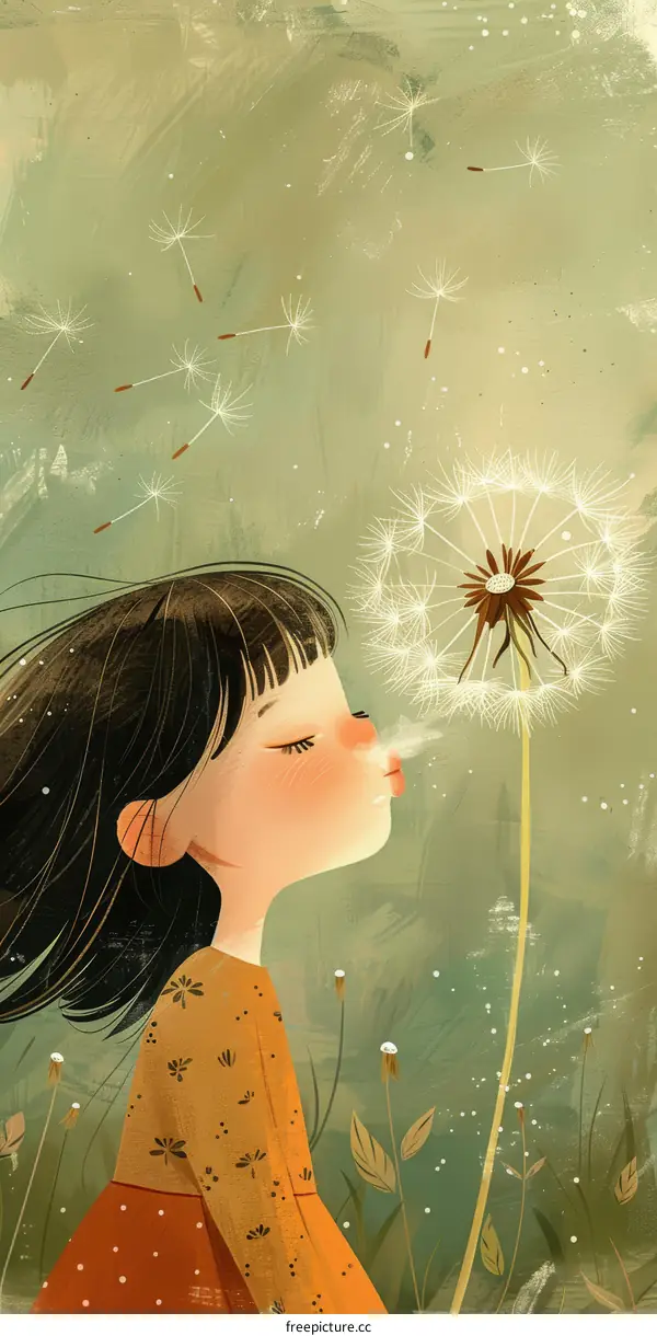 Little Girl Blowing Dandelion Seeds in Summer Meadow