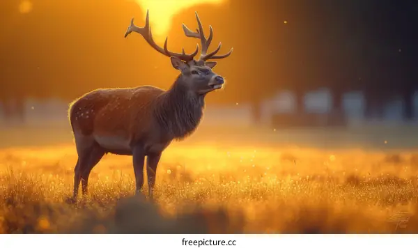 A majestic red deer stands in a field of golden grass at sunrise
