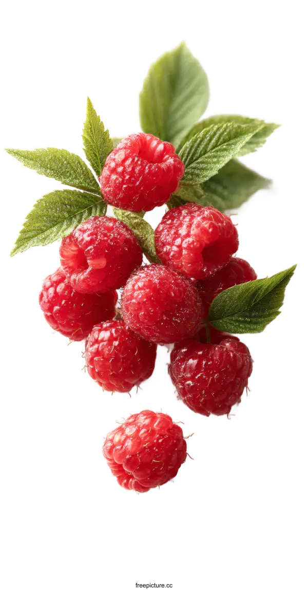 [Transparent Background PNG]Fresh Raspberries with Leaves Close Up