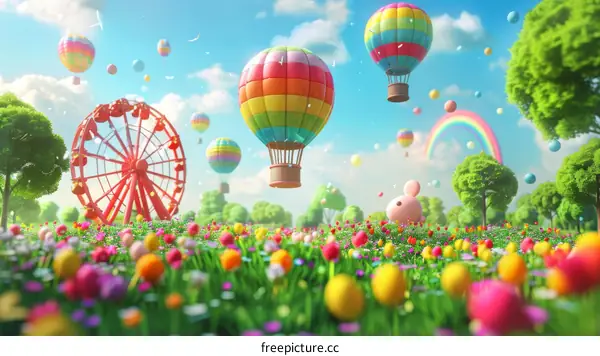A Magical Day at the Amusement Park with Hot Air Balloons and Rainbow