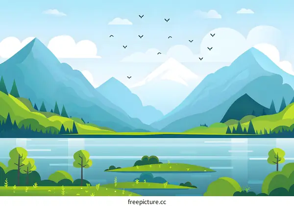 Flat Design Illustration of Green Mountains with a Lake