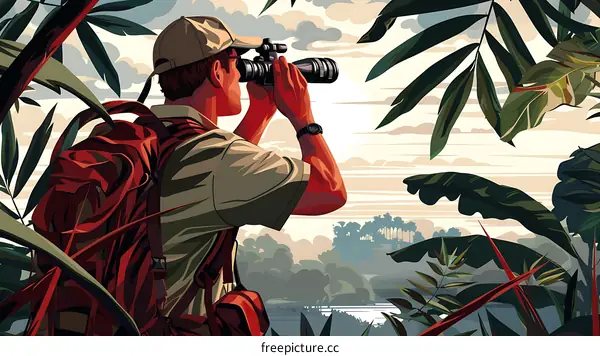 Man with Backpack Looking Through Binoculars in Tropical Jungle