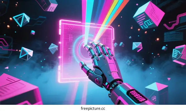 Futuristic Robotic Hand Interacting with Holographic Interface in Neon