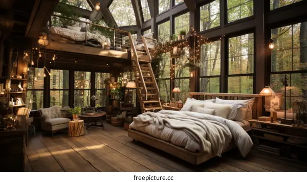 Cozy Forest Cabin Bedroom with Stunning Views