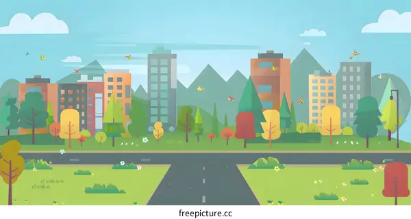 Flat Illustration of a City with Green Trees and Buildings