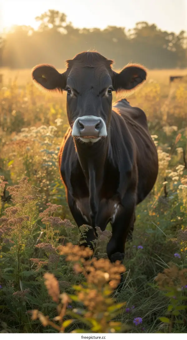 A cow standing in a lush green field looking at the camera