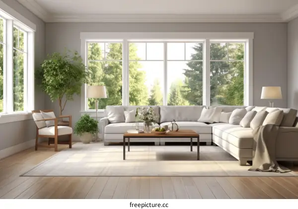 Bright living room with large windows and a comfortable sofa