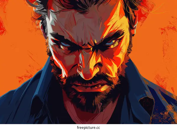 Illustration of a man with a beard and a scar on his face