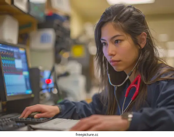 Asian female medical professional using computer