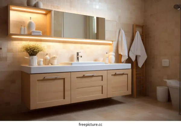 Bathroom interior with beige tiles, wooden vanity, and large mirror
