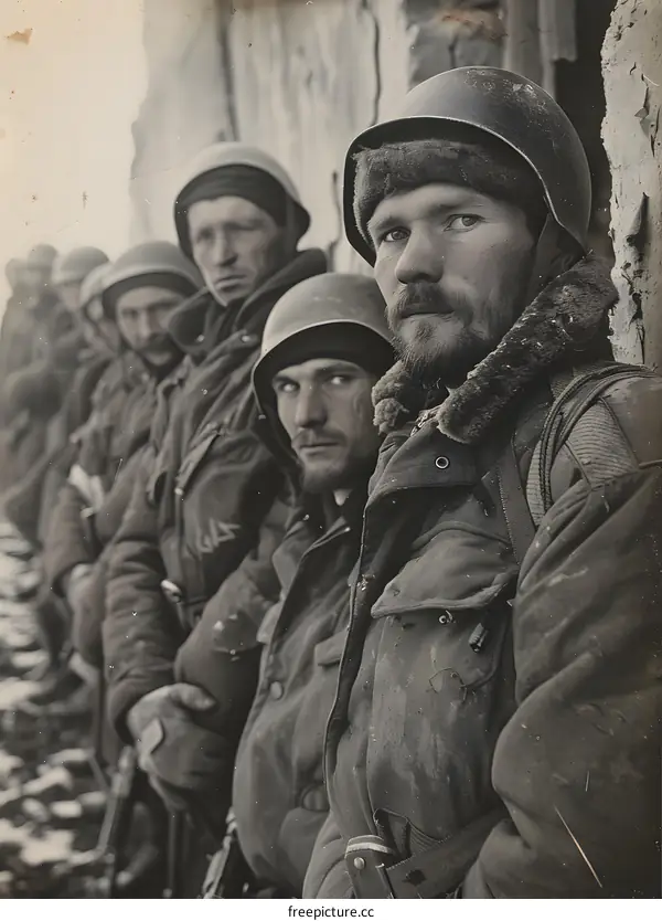A group of soldiers in winter gear pose for a photo during World War II.