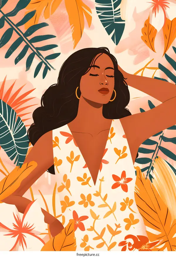 Woman In Floral Dress Surrounded by Tropical Leaves