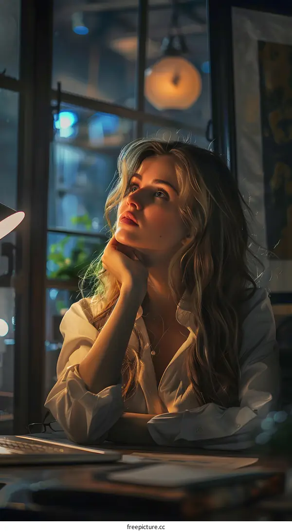 portrait of a beautiful blonde woman in a white shirt sitting at a desk and looking away