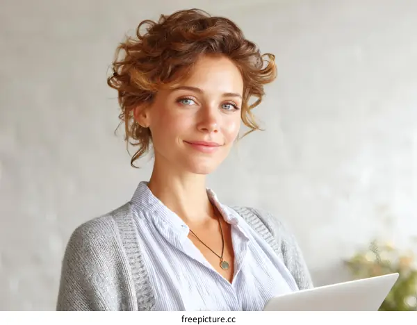 Portrait of a Caucasian Woman Holding a Tablet
