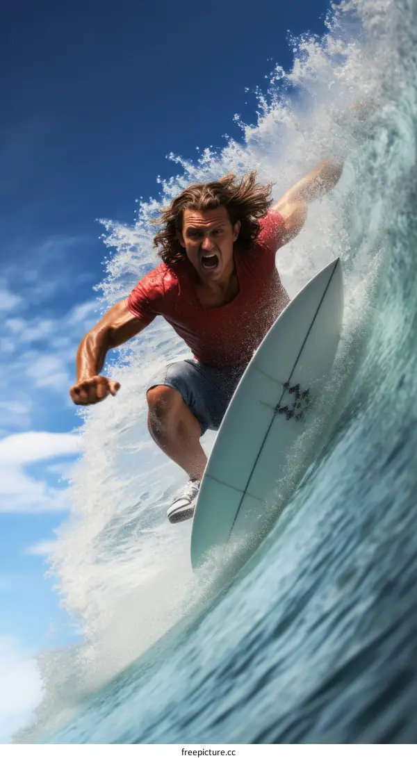 A surfer rides a big wave