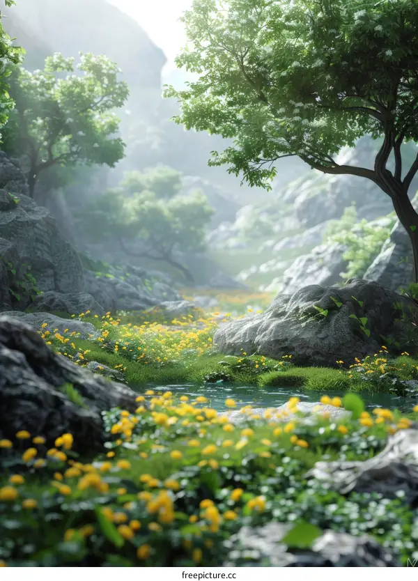 Enchanting Mountain Stream with Blooming Wildflowers