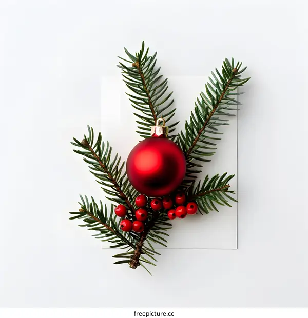 Red Christmas Ornament With Pine Branch and Berries
