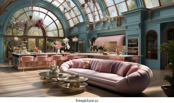 Pink and blue retro futuristic kitchen with large windows