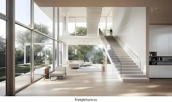 Modern Interior Design with White Walls and Glass Railing Staircase