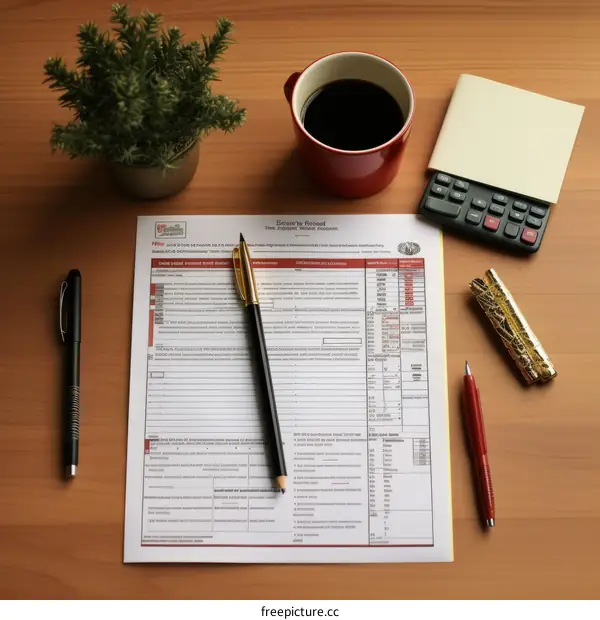 A desk with a coffee cup, a calculator, a plant, and a pen.